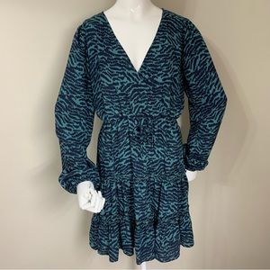 Peach Love California Ganya Dress, Turquoise and Navy Blue Long Sleeve Ruffled